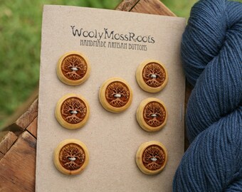 SALE! 7 Yellow Tree Buttons- Cascara Wood- Wooden Buttons- Eco Craft Supplies, Eco Knitting Supplies, Eco Sewing Supplies
