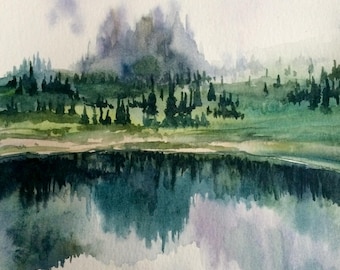 Cascade mountains, mountain lake, Pacific Northwest, Misty mountains, mountain painting, landscape watercolor, lake painting,Misty landscape