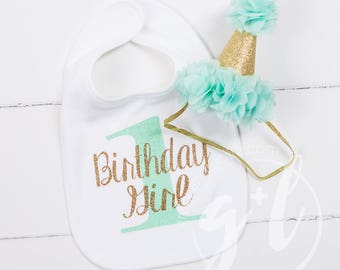 First Birthday Bib & Party Hat, Mint and Gold Princess Hat, First Birthday Set
