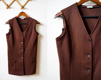 60s mod brown button up vest with front pockets, size small / medium