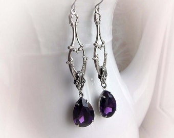 Purple drop earrings gothic vintage renaissance earrings victorian baroque evening earrings purple crystal dangling jewel hanging earrings