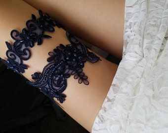 Wedding garter, garter set navy, navy blue garter, navy wedding garter, navy garter set, garter navy, something blue garter, Style GN0001