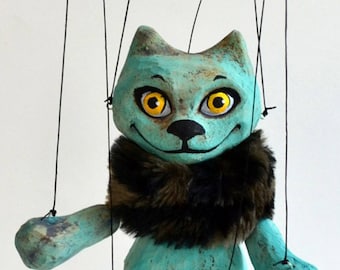 Turquoise cat marionette. Handmade clay puppet 7". Animal that loves hiding, small marionette with fur, wooden controller, strings