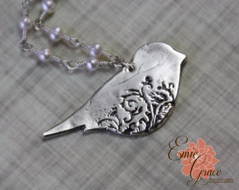 Floral Bird Necklace, Fine Silver, Sterling Silver, Freshwater Pearls, Precious Metal Clay, PMC