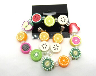 Children's Handmade Polymer Clay Fruit Slice Stretch Bracelet/ Pierced Earring Set (J1d1)