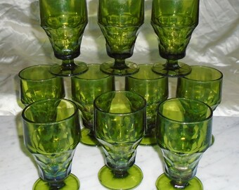 10 Vintage Anchor Hocking Green Pedestal Georgian Honeycomb Thumbprint Tumblers ~5 1/2in ~ These Need TLC