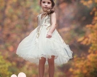 Gold sequin Flower girl dress, Ivory and gold dress, Flower girl dresses, Birthday dress, Rustic Flower girl dress, Gold Tulle dress