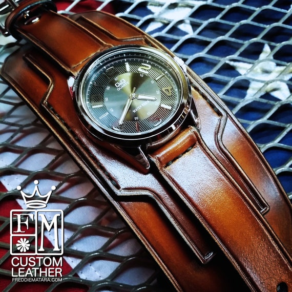Brown Leather cuff watch Tobacco fade watch band wide cuff leather Bracelet Handmade for YOU in USA by Freddie Matara