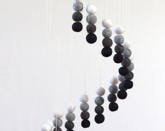 Spiral Felt Ball Mobile- Neutral Nursery- Black, Charcoal, Gray, White- Nursery Childrens Room Pom Pom Mobile Garland Decor