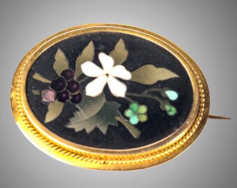 14k Victorian pietra dura brooch
