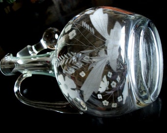 Crystal Glass Tall Decanter Etched Floral w/ Handle & Heavy Ground Stopper Vintage Collectible GREAT Gift Ideas