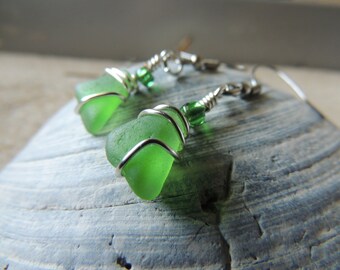 Handmade Natural Authentic Surf Tumbled Bright Green Sea Glass Earrings Wrapped Sliver