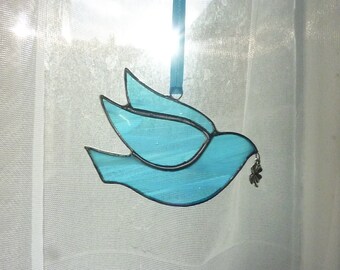 Stained glass blue bird, Dove, suncatcher.