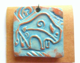 Petroglyph Buffalo Turquoise Glazed Terra Cotta Pendant Finding
