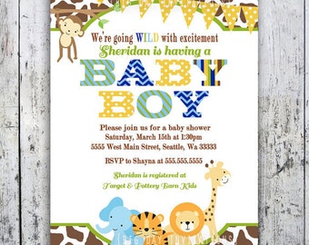 Safari Baby Shower Invitations, Jungle Animal Theme, Printable Invite for Boy or Girl Birthday too