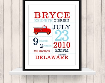 Firetruck Announcement Print -Nursery Decor