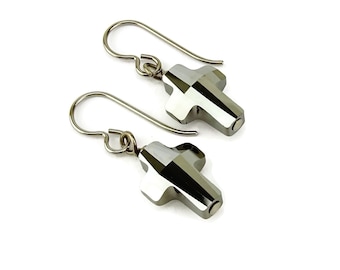 Hypoallergenic Silver Cross Earrings, Silver Night Swarovski Crystal Crosses on Niobium or Titanium Ear wires for Sensitive Ears