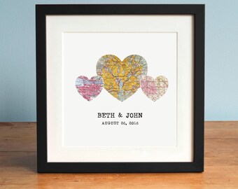 3 Heart Map Print, 3 Maps, Personalized Map Art, Wedding Gift Art, Custom Anniversary Print, Gift for Couple