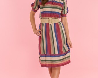 Vintage Jewel Toned Striped Fold Dress (Size Medium)