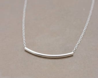 Silver Tube Necklace, Curved Tube Necklace, Curved Bar Necklace, Real Sterling Silver Necklace, Layering Necklace - Gift for Her 0362
