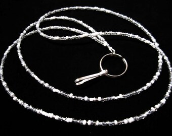 White, Silver Lanyard, Beaded ID Badge Holder, Work Id Holder, ID Holder Lanyard, Photo Id Holder, SM-7