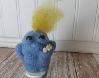 Adorable Needle Felted Wool Toothy Monster- Blue/Yellow