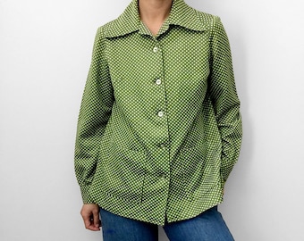 Vintage, 1970's, Green, Polka-Dot, Wide-Lapel, Long-Sleeve, Button-Up, Button-Down, Shirt, Top with Pockets
