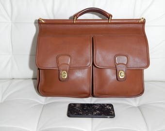 Authentic Vintage Coach Briefcase -British Tan Leather- Dowel Top- Field Bag -Made in The USA-