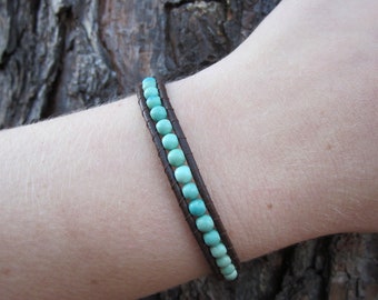 Leather Beaded Wrap Bracelet - Brown and Turquoise
