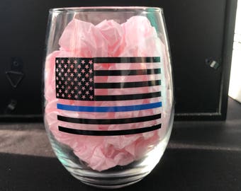 thin blue line stemless wine glass