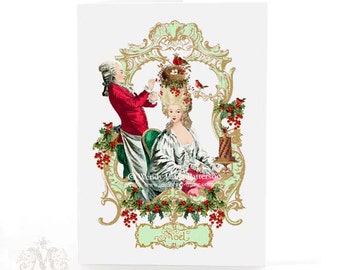 Christmas card, Marie Antoinette with birds nest, holly, red berries, mistletoe, Noel, French, holiday card