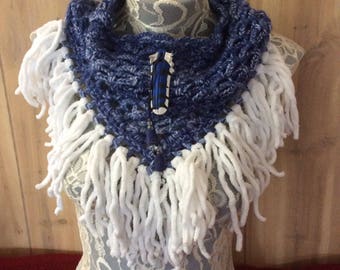 Denim Blue Jay cowl... knit crocheted fringed yarn soft scarf leather tie bohemian boho
