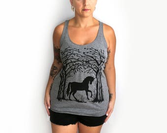 Small- Gray Racerback Tank with Unicorn Screen Print