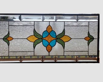 Victorian beveled stained glass panel window hanging amber blue olive clear stained glass window panel window transom 0340 23 1/2 x 11 1/2