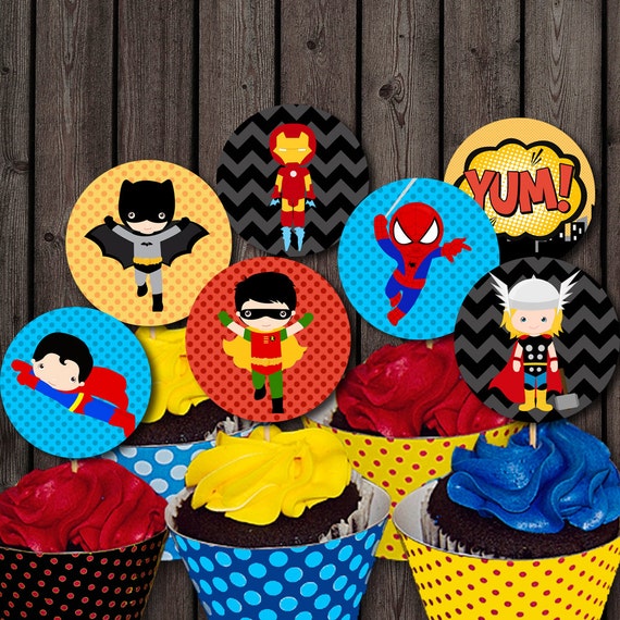 INSTANT DOWNLOAD Super Hero Cupcake Toppers Birthday Party