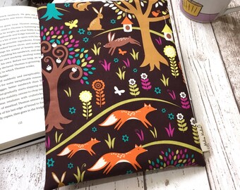 Woodland Book Buddy, Small Medium Large Book Sleeve, Book Lover Gift, Foxtrot Book Pouch, Paperback Cover, Bright Book Sleeve, Bookworm Bag