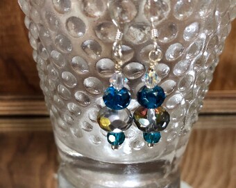 Eye Catching Czech Crystal Bead Dangle Earrings in Vibrant Blue and Silver Hues