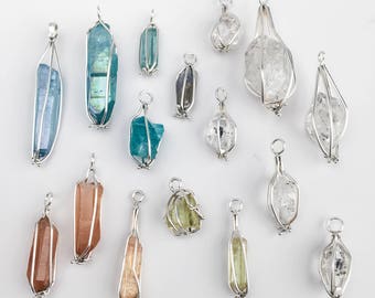 Sterling Silver and Raw Gemstone Pendant on Your Choice of Chain - Herkimer Diamond, Topaz, Apatite, Tanzanite, Aquamarine, Aura Quartz