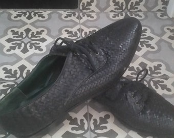 80s 90s Basketweave black leather oxfords 8