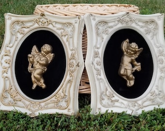 Cherub wall hangings -2 - in antique white and gold with velvet background