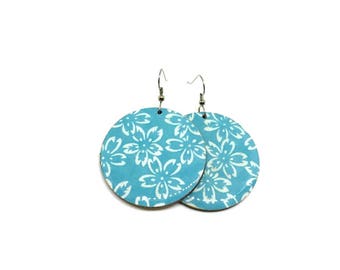 Turquoise earrings, Cherry blossoms, sakura, Blue, Flowers, Japanese Chiyogami paper, Laser cut wood, resin coated, steel posts