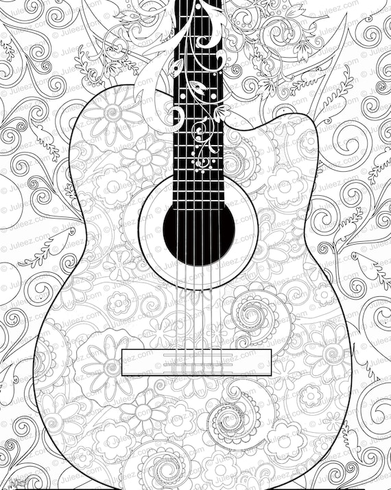 Download NEW Guitar Flowers Adult Coloring Page Printable Adult Guitar