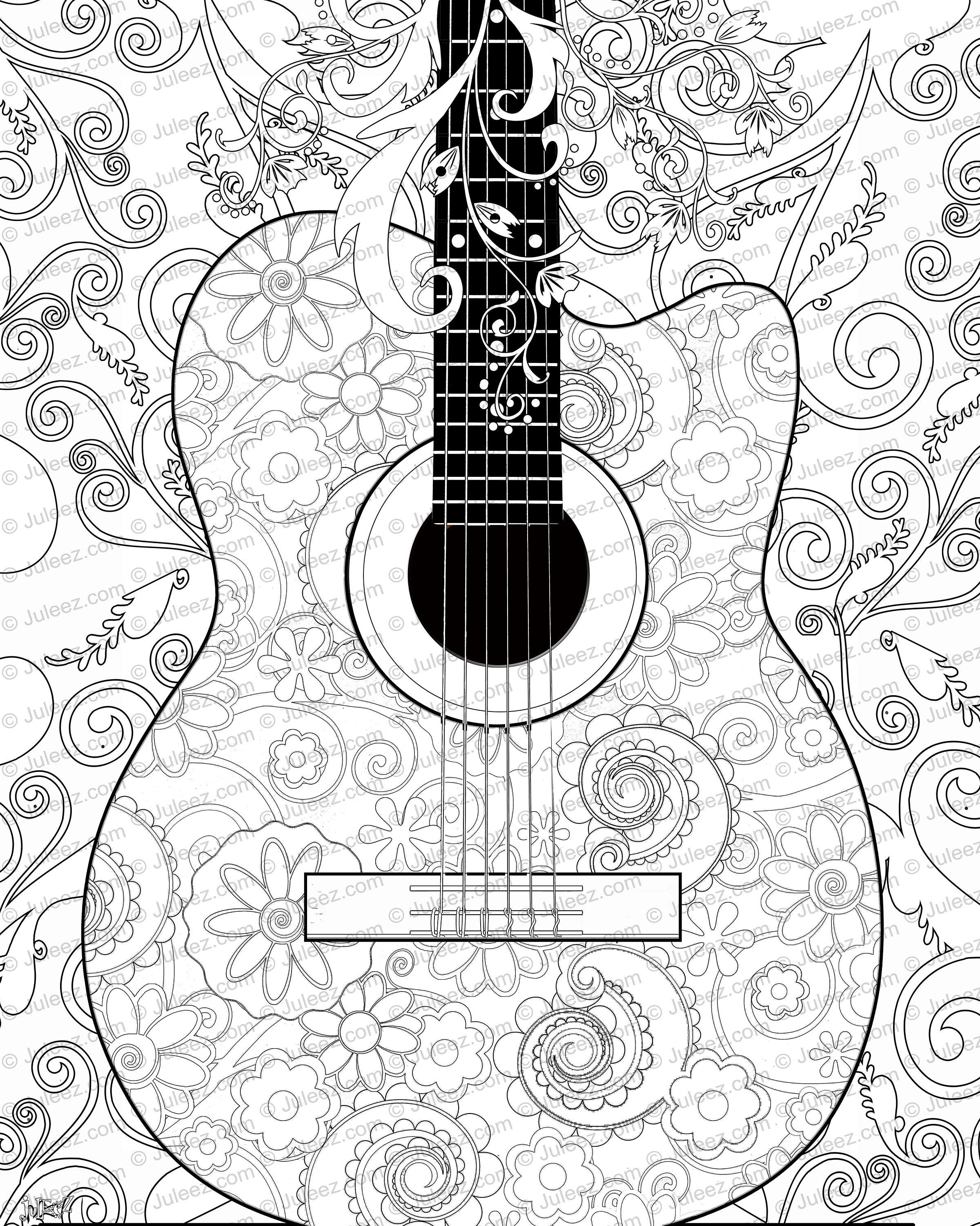 NEW Guitar Flowers Adult Coloring Page Printable Adult Guitar Coloring Poster Instant Download Coloring