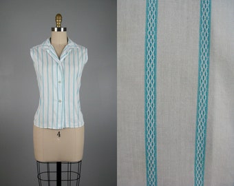 Vintage 1950s Cotton Striped Blouse 50s Blue and White Summer Top by Spartan Classic