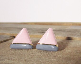 Vintage Baby Pink and Gold Geometric Earrings. 1980's Pink and Gold Large Triangle Earrings. Light Pink and Gold Vintage Stud Earrings.