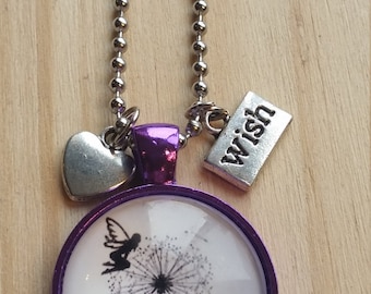 Handmade Artisan Fairy Wishes Necklace Glass Tile Pendant Purple Free Shipping