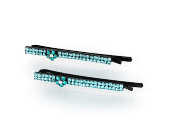 Hand Made Hair Jewelry swarovski crystal Flower Bobby Pins Set of Two, Aqua(MIBB33-aq)