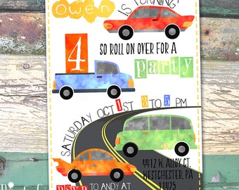 Cars Vehicles Watercolor Personalized Birthday Printable Invitation Print at Home