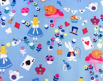 Alice in Wonderland fabric, Blue children fabric, 100% cotton for Quilting, arts, crafts and all sewing projects.