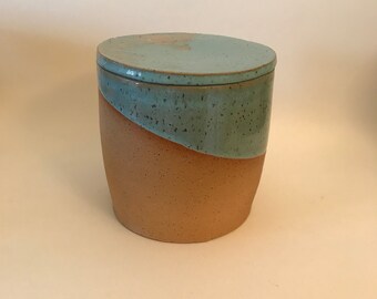 Ceramic Lidded Vessel, Blue and Colored Clay Container